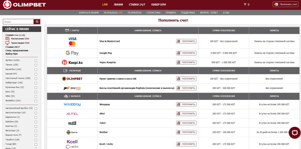 Пополнение счета в букмекерской конторе Olimpbet