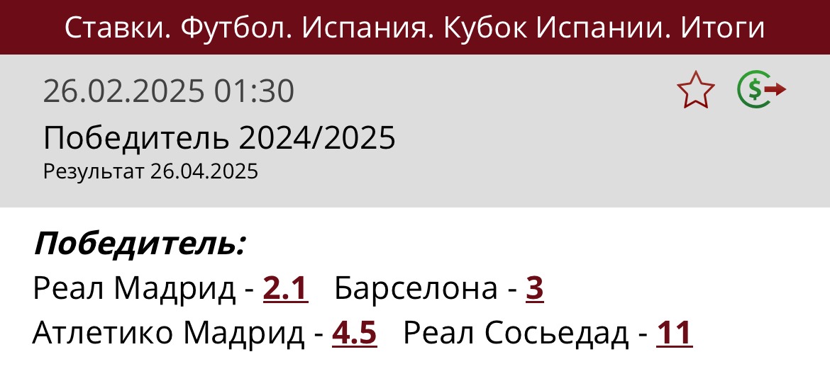 Коэффициенты на победителя Кубка Испании 2024/25