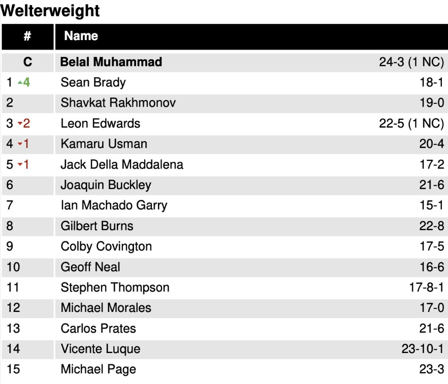 Обновленный рейтинг в полусреднем весе UFC