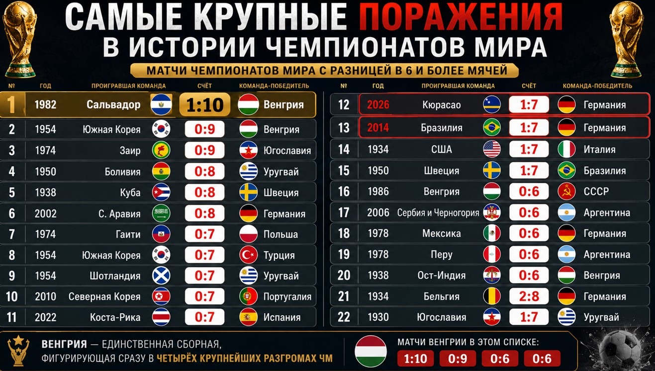 Самые крупные разгромы на ЧМ-2026