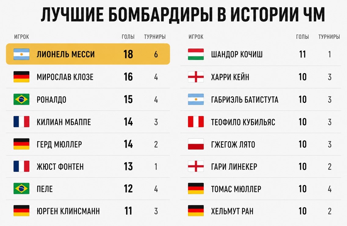 Лучшие бомбардиры в истории ЧМ